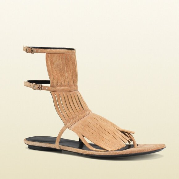 GUCCI SHOES BECKY SUEDE LEATHER FRINGED GLADIATOR FLATS SANDALS sz 34 / 4